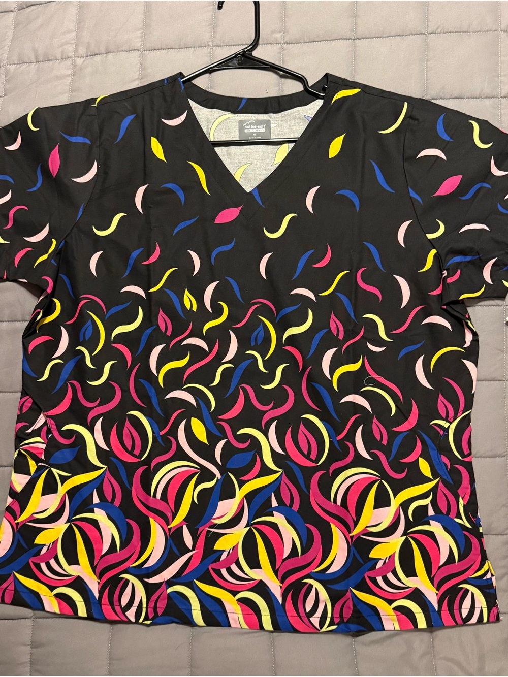 Butter Black V-Neck Short Sleeve Top with Pink Yellow Blue Swirl Print